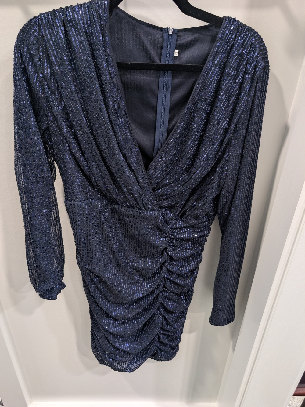 Women’s Navy Sequin Ruched V-Neck Dress